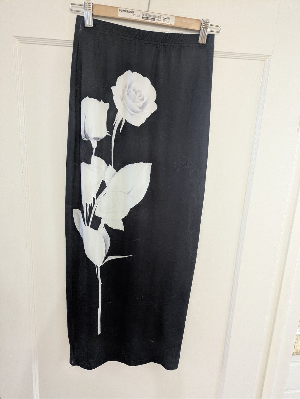 Black Maxi Skirt with White Rose Print